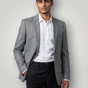 CALVIN KLEIN Men Blazer Sport Coat 2-Button Jacket 42L SILK/WOOL Gray Windowpane